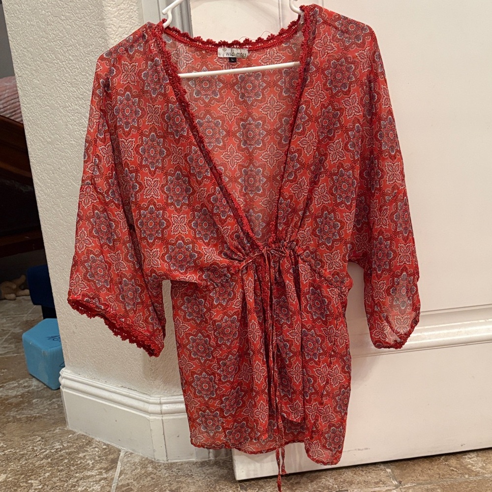 Red Floral Tie-Front Sheer Blouse